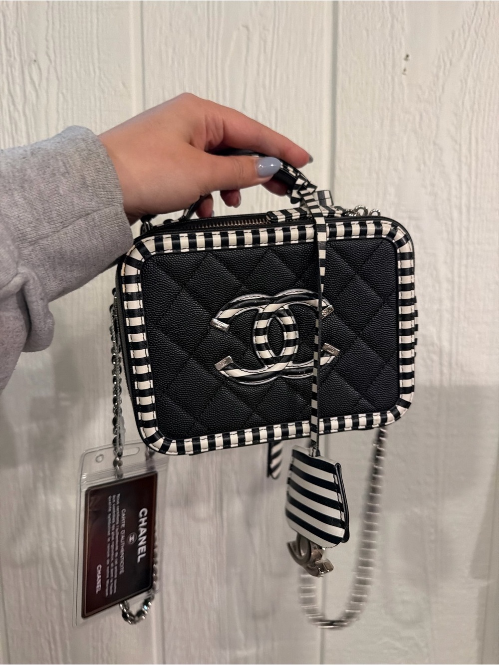 CHANEL Black and White Striped Quilted Vanity Crossbody